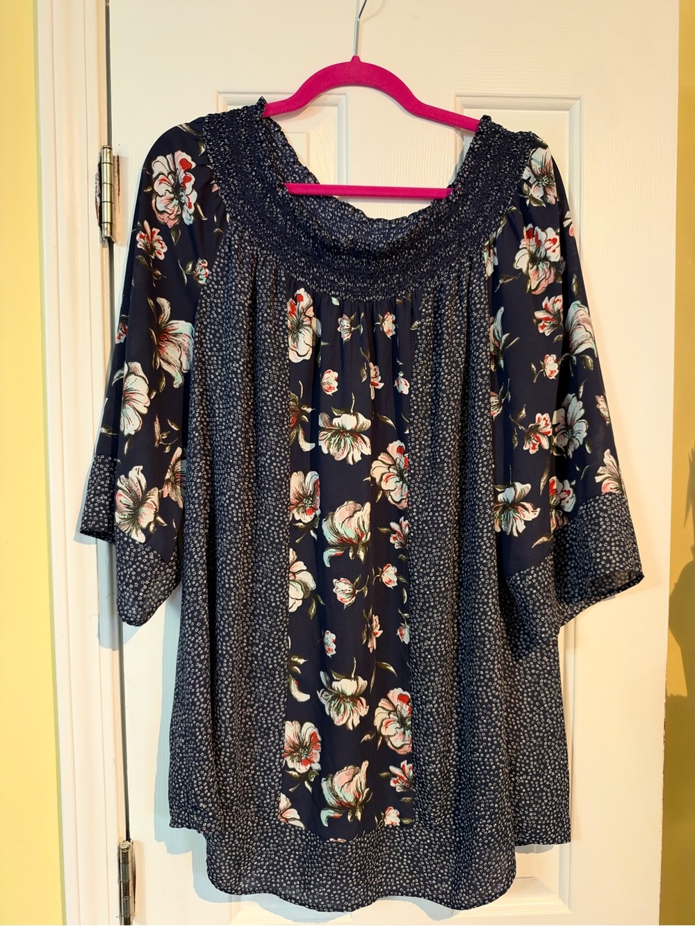 Signature Studio Navy Floral Smocked Neck Peasant Blouse